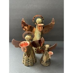 VINTAGE ANGEL TAPER CANDLE HOLDER LOT 3 PRIMITIVE FOLK ART METAL COPPER BRASS
